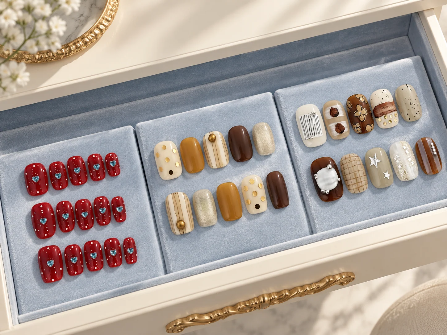 Three handmade WHATNAIL collections arranged like fine jewelry