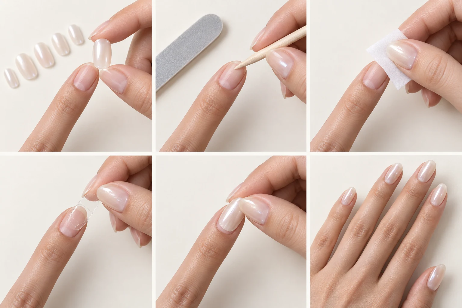 Six photographic steps showing how to prepare, clean and apply press-on nails